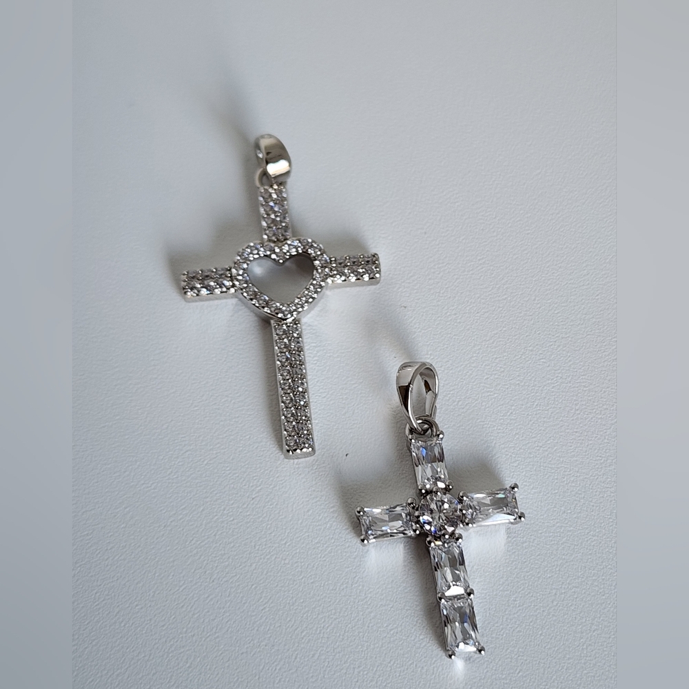 Silver Plated Cross Pendant Bundle CZ Heart Cross & Baguette Crystal Cross